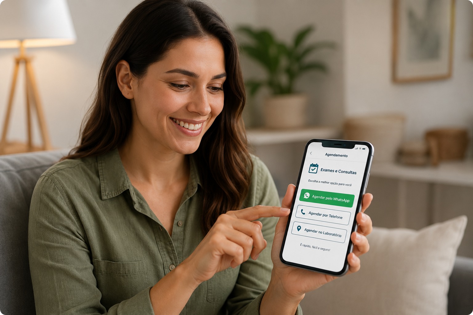 Paciente agendando exame pelo WhatsApp direto no celular